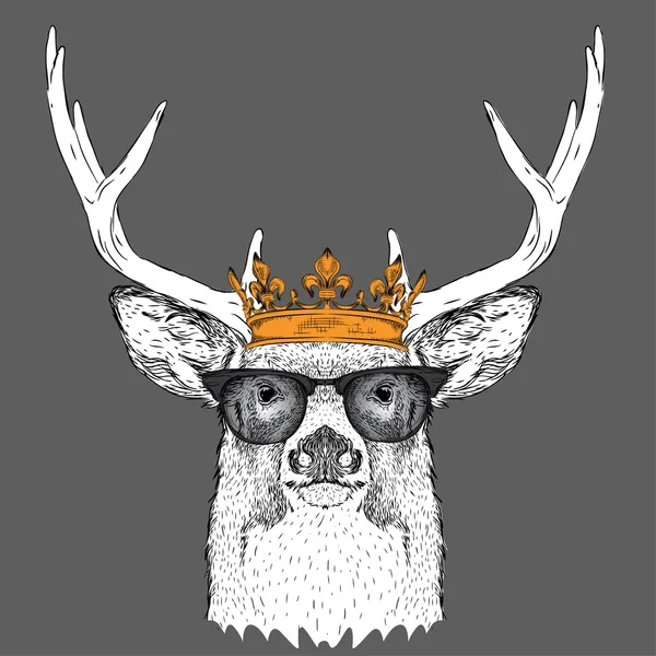 Dessin à la main tête ethnique de cerf avec couronne et dans les verres Illustration vectorielle — Image vectorielle