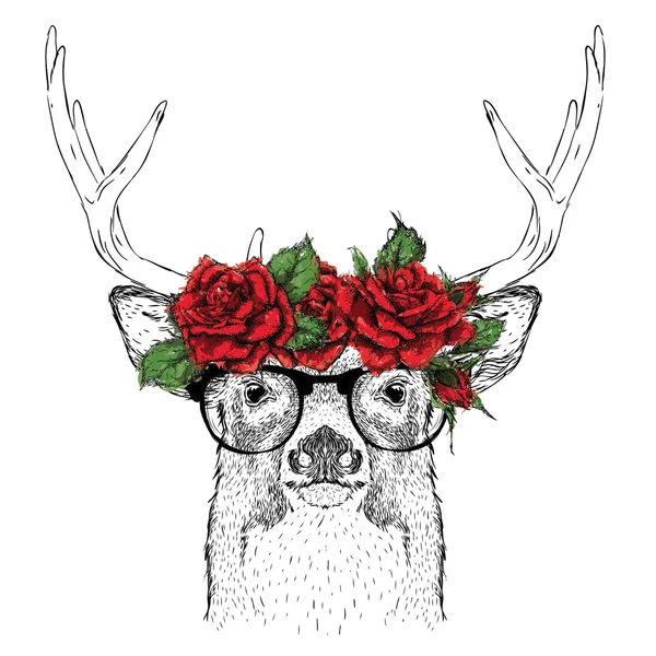 Hand draw portrait of deer wearing a wreath of flowers. Vector illustration — Stock Vector