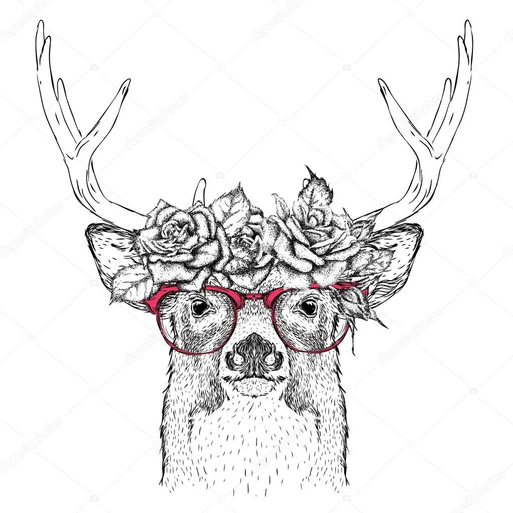 Hand draw portrait of deer wearing a wreath of flowers. Vector illustration