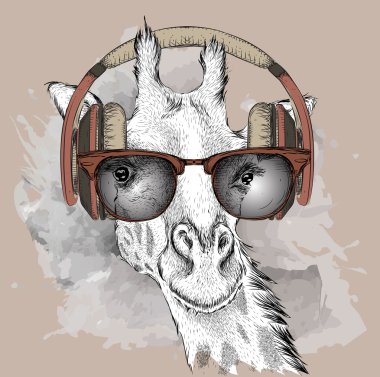 Gözlük ve kulaklık zürafa görüntüsü. Vektör çizim.