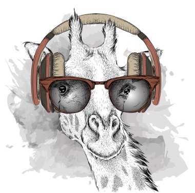 Gözlük ve kulaklık zürafa görüntüsü. Vektör çizim.