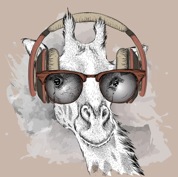 Изображение жирафа в очках и наушниках. Векторная иллюстрация . — стоковый вектор