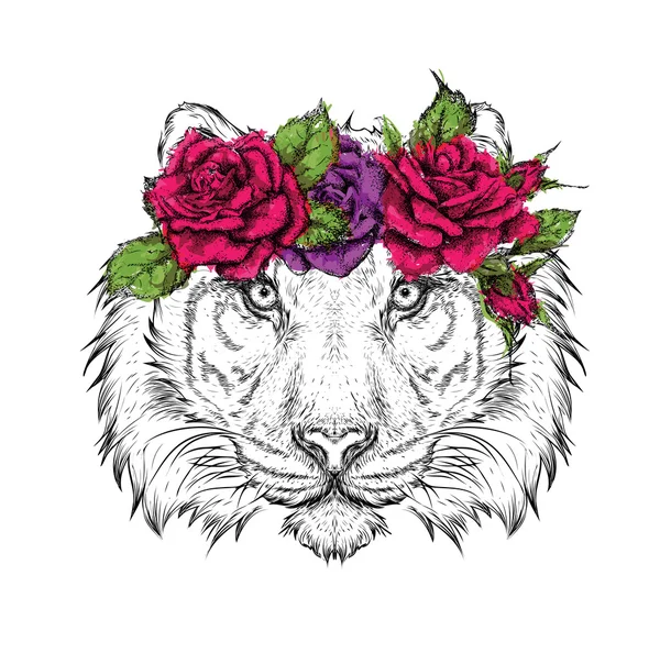 Dibuja a mano el retrato del tigre con una corona de flores. Ilustración vectorial — Vector de stock