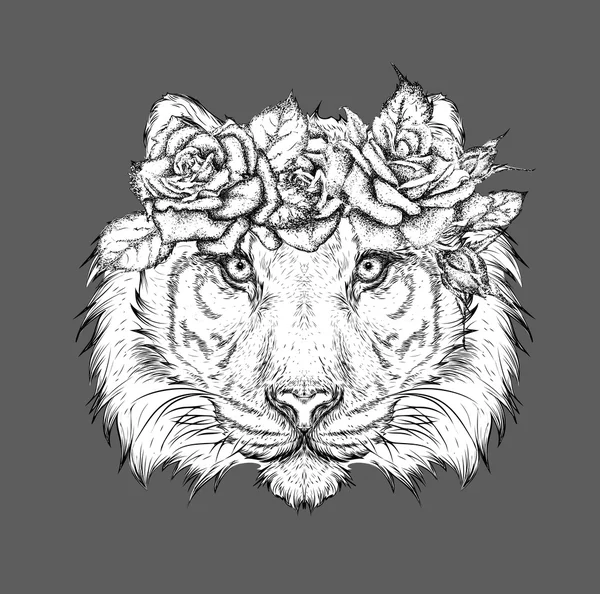 Hand tekenen portret van tijger het dragen van een krans van bloemen. Vectorillustratie — Stockvector