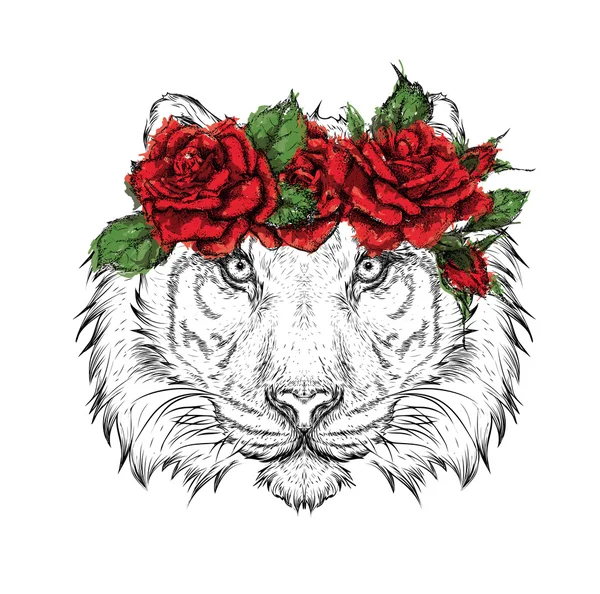 Desenho à mão retrato de tigre usando uma coroa de flores. Ilustração vetorial — Vetor de Stock