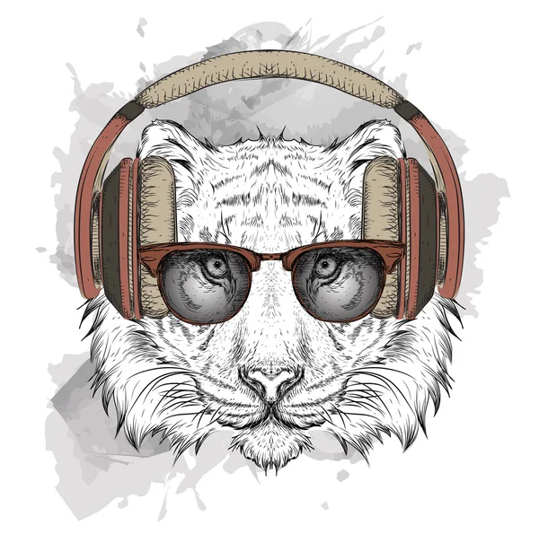 Изображение тигра в очках и наушниках. Векторная иллюстрация . — стоковый вектор