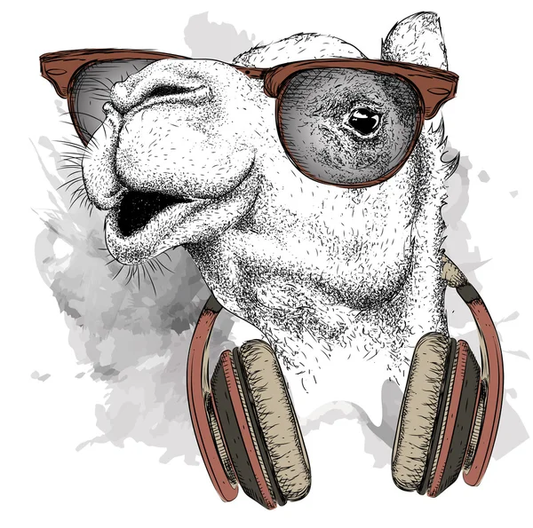 The image of the camel in the glasses, headphones and in hip-hop hat. Vector illustration. — Stock Vector