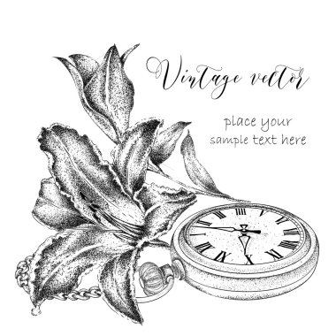 Hand drawi vintage postcard. A pocket watch on a chain and flowers. Vector illustration clipart