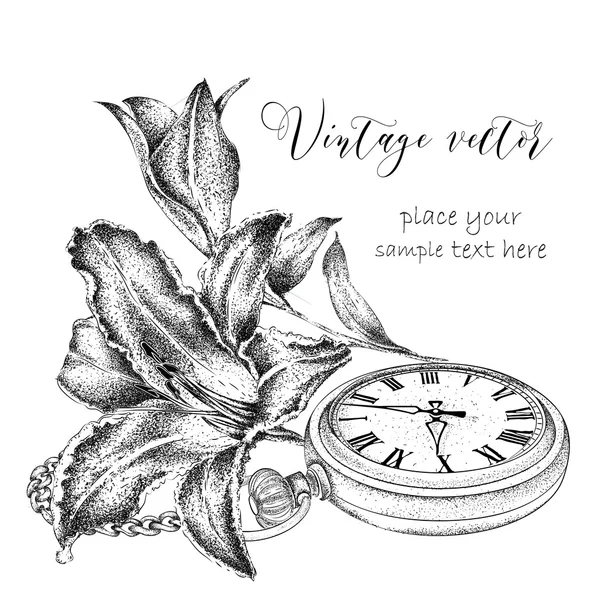 Hand drawi vintage postcard. A pocket watch on a chain and flowers. Vector illustration Royalty Free Stock Vectors