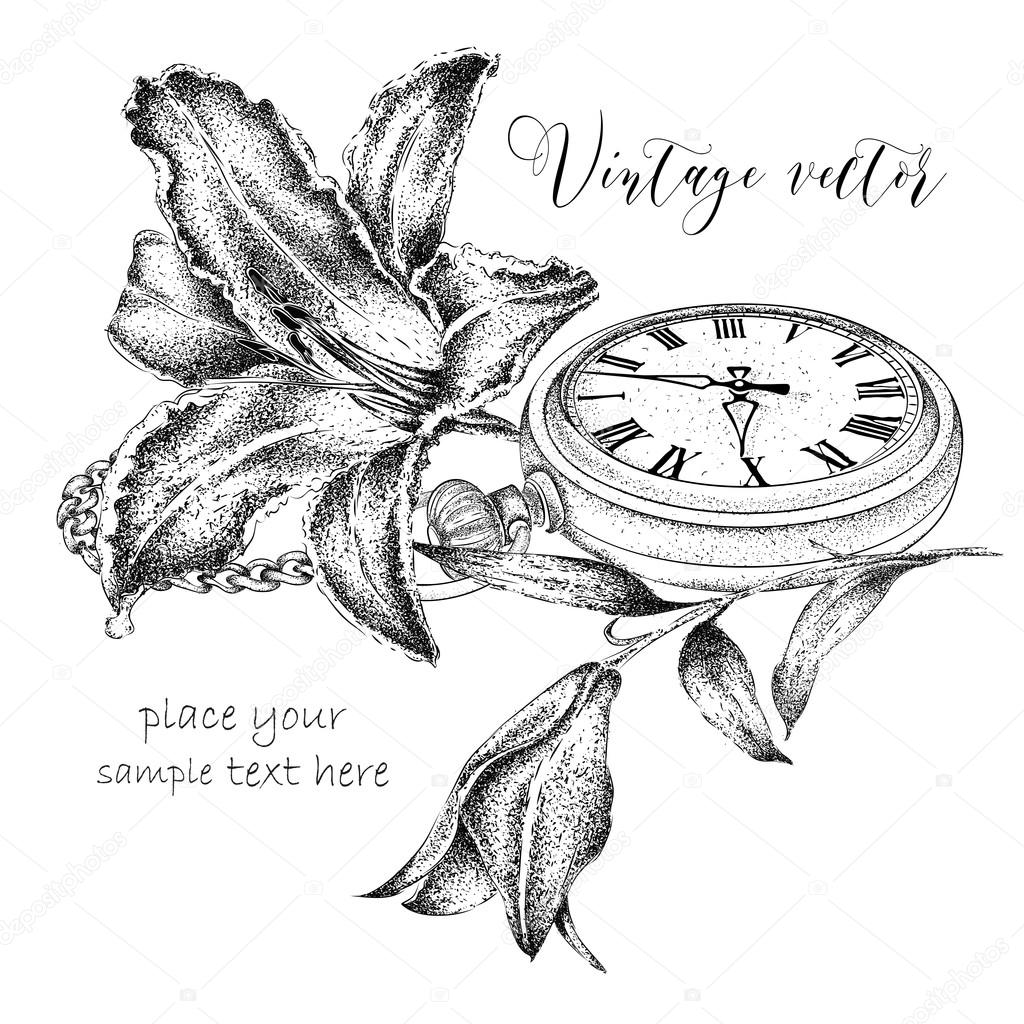 Hand drawi vintage postcard. A pocket watch on a chain and flowers. Vector illustration