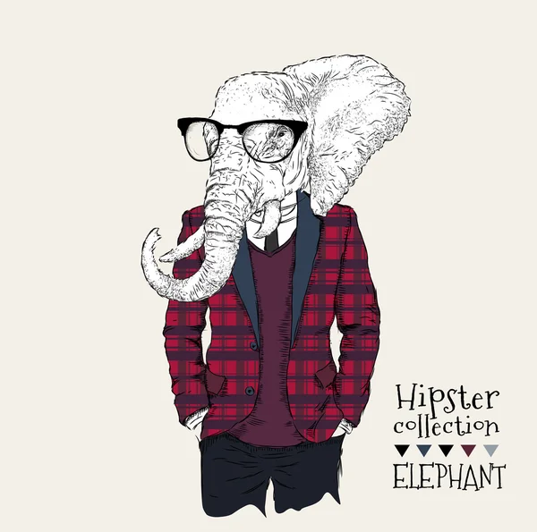 Illustratie van olifant hipster gekleed in jas, broek en trui. Vectorillustratie — Stockvector