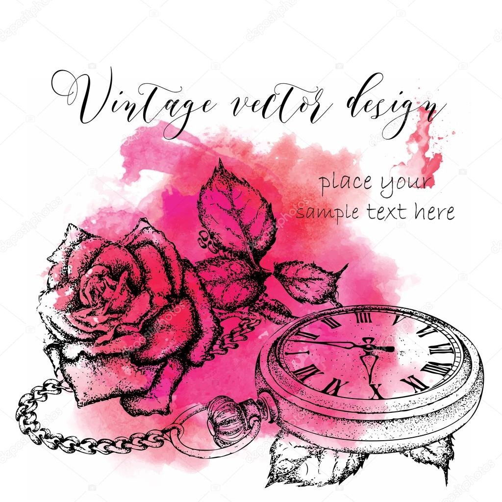 Hand drawi vintage postcard. A pocket watch on a chain and flowers. Vector illustration