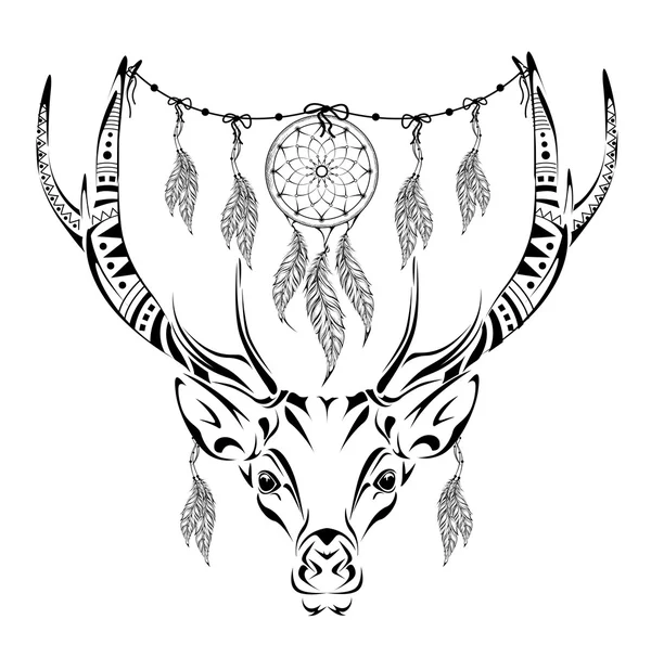 Cerf à cornes magique dessiné à la main pour adulte anti stress Coloriage avec de hauts détails isolés sur fond blanc, illustration en style zentangle. Croquis vectoriel monochrome . — Image vectorielle