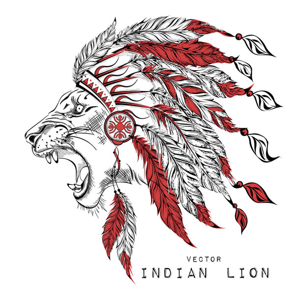 Lion in the red Indian roach. Indian feather headdress of eagle