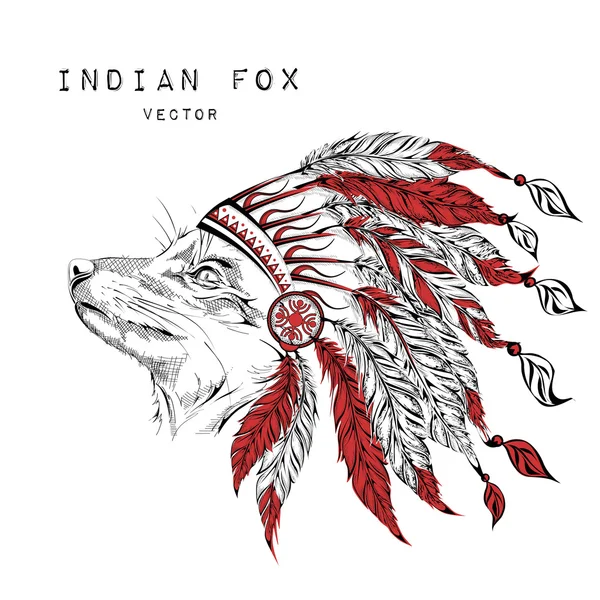 Fox dans le cafard indien rouge. Coiffe indienne en plume d'aigle — Image vectorielle