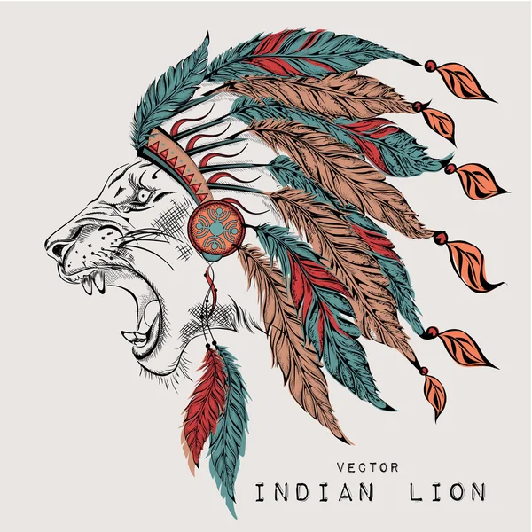 Lion in the colored Indian roach. Indian feather headdress of eagle — Stock Vector