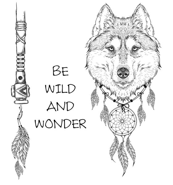 animal hand drawn illustration, wolf indian warrior, native american poster.  Hand draw vector illustration
