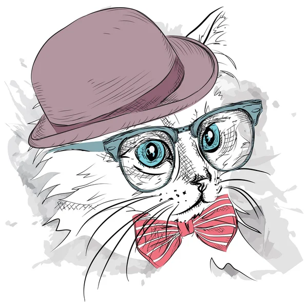 Imagen Gato retrato en el sombrero, cravat y gafas. Ilustración vectorial . — Vector de stock