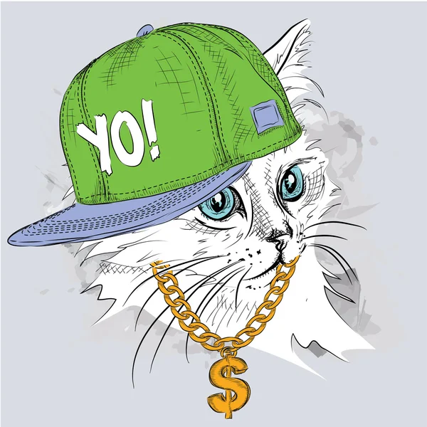 Il poster con il ritratto del gatto immagine in cappello hip-hop. Illustrazione vettoriale . — Vettoriale Stock