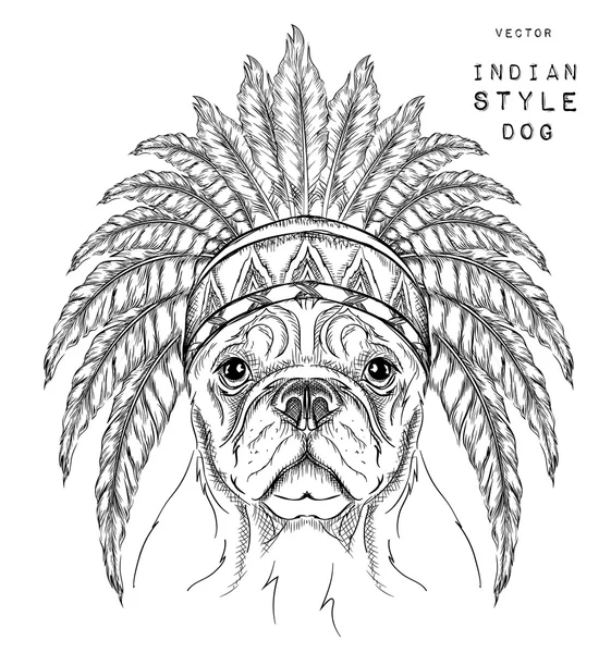 Pies w Indian Płoć. Nakrycia głowy z piór Indian Eagle. Ilustracja wektorowa rysować ręka — Wektor stockowy