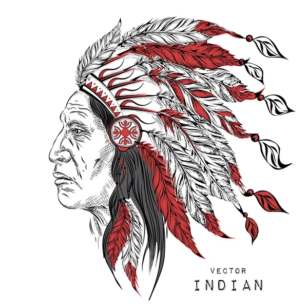 Man in de Native American Indian chief. Zwarte voorn. Indiase veren hoofdtooi van adelaar. Hand loting vectorillustratie — Stockvector