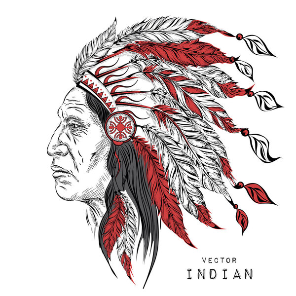 Man in the Native American Indian chief. Black roach. Indian feather headdress of eagle.  Hand draw vector illustration