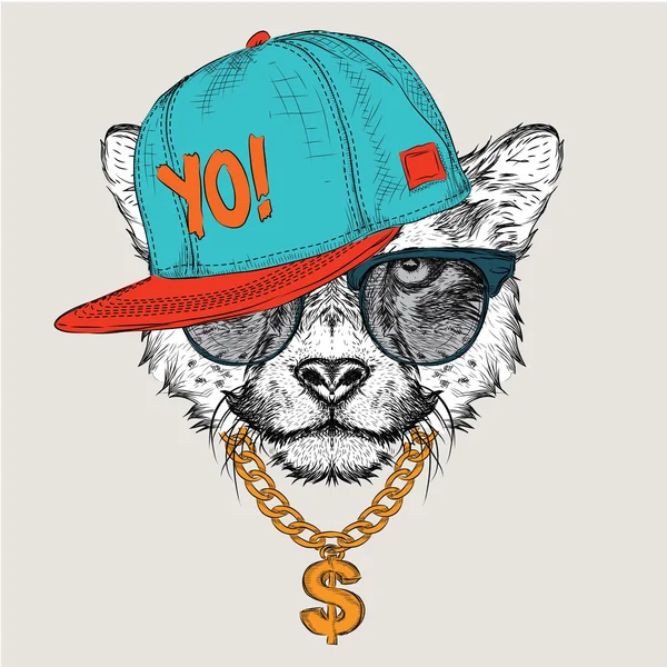 Poster ile görüntü cheetah portre hip-hop şapkalı. Vektör çizim. — Stok Vektör