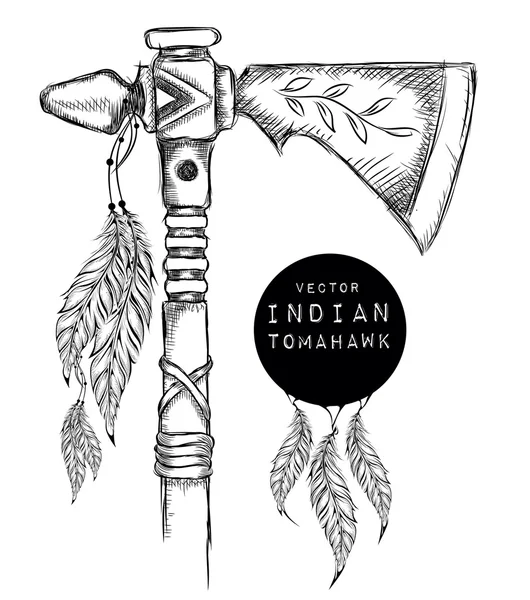Inheemse Indiaanse tomahawk. Indiase wapen. Hand loting vectorillustratie — Stockvector