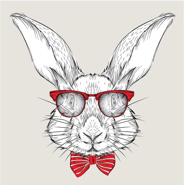 Image Portrait rabbit in the cravat and with glasses. Hand draw vector illustration. — Stock Vector