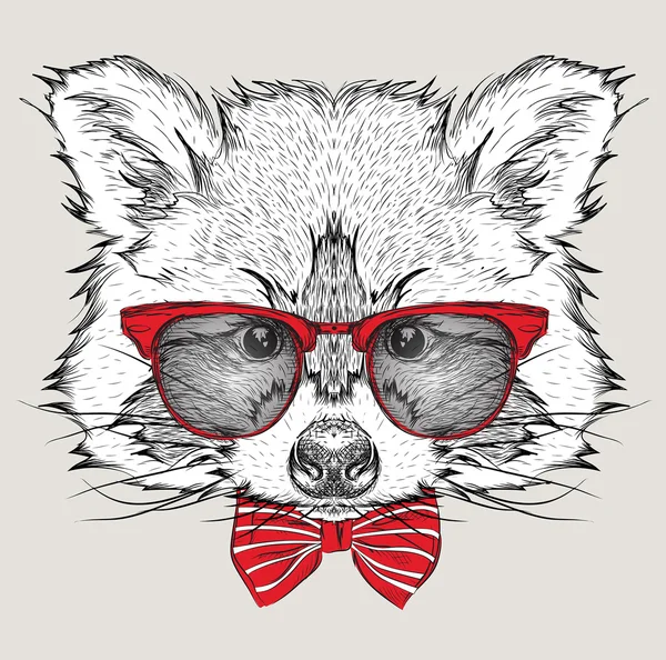 Imagen Retrato de mapache en el cravat y con gafas. Dibujar a mano vector ilustración . — Vector de stock