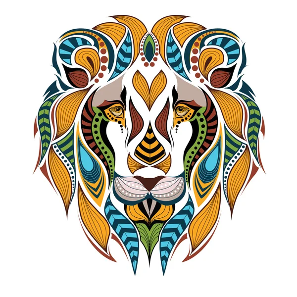 Tête de lion à motifs colorés. Conception africaine / indienne / totem / tatouage. Il peut être utilisé pour la conception d'un t-shirt, sac, carte postale et affiche . — Image vectorielle