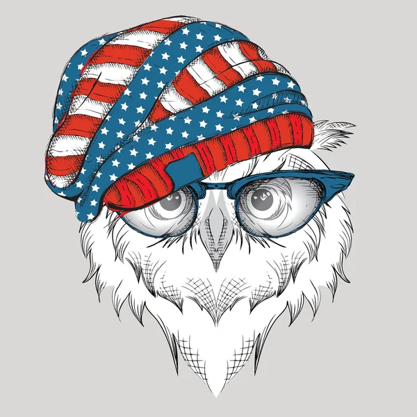 手绘猫头鹰在美国帽子。矢量图 — 图库矢量图片