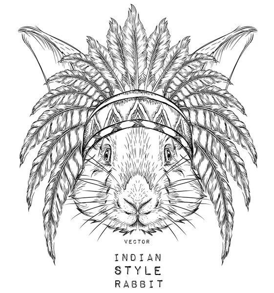 Conejo en la cucaracha india. Tocado de plumas indias de águila. Dibujar a mano vector ilustración — Archivo Imágenes Vectoriales