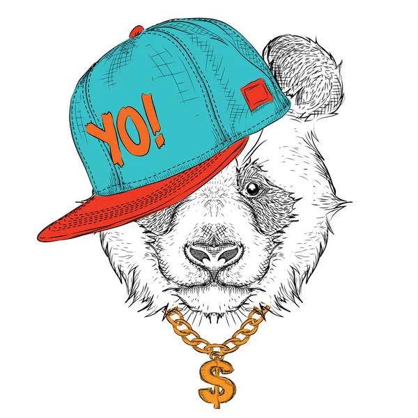 Plakát s portrétem panda obrazu v hip-hop klobouku. Vektorové ilustrace. — Stockový vektor