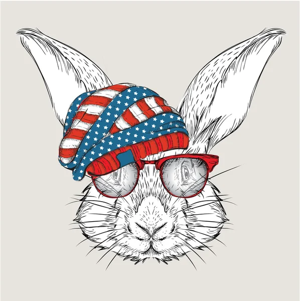 手绘兔在美国帽子。矢量图 — 图库矢量图片