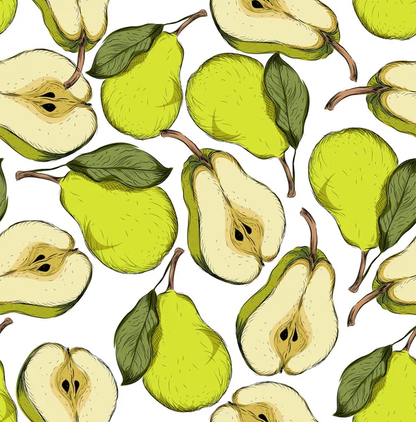シームレスな手には、pear の背景が描画されます。フルーツのスタイル セットをスケッチします。ヴィンテージのエコ食品。ベクトル図. — ストックベクタ