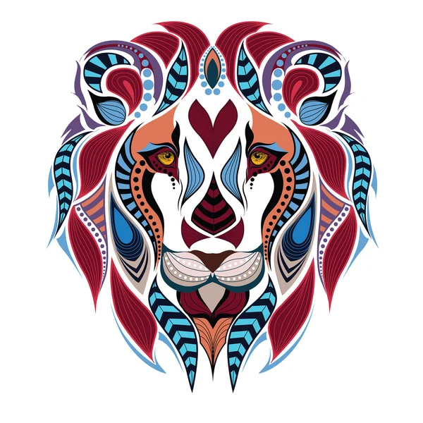 Bir aslan desenli renkli başkanı. Afrika / Hint / totem / dövme tasarım. Bir t-shirt, çanta, kartpostal ve poster tasarımı için kullanılabilir.