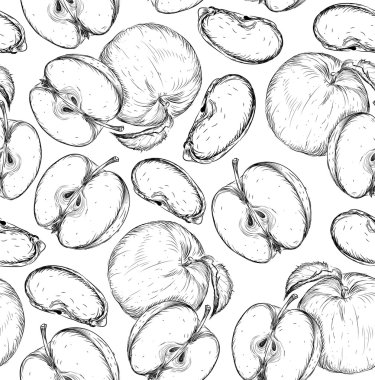 Dikişsiz el apple arka plan çekilmiş. Stil kümesi meyve kroki. Vintage Eko gıda. Vektör çizim.