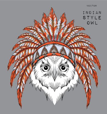 Baykuş Hint roach. Kızılderili tüy headdress kartal. El çizmek vektör çizim