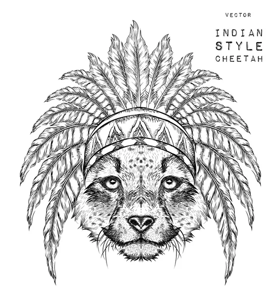 Guepardo en la cucaracha india. Tocado de plumas indias de águila. Dibujar a mano vector ilustración — Archivo Imágenes Vectoriales
