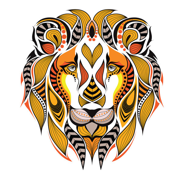 Patterned colored head of a lion. African / indian / totem / tattoo design. It may be used for design of a t-shirt, bag, postcard and poster.