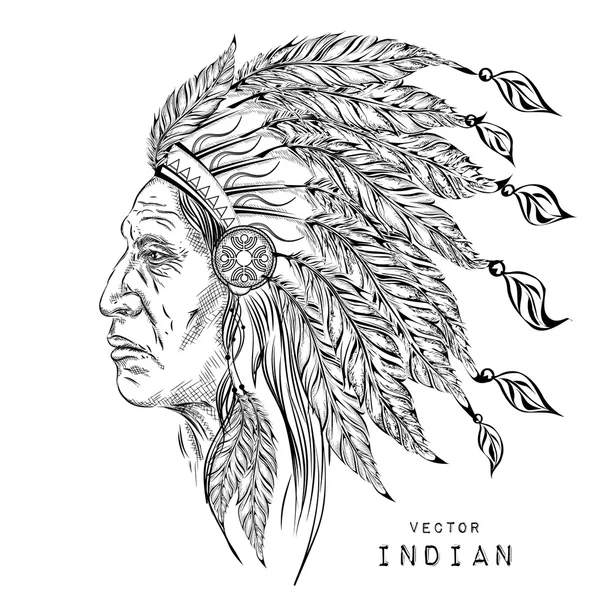 Pria di kepala suku Indian asli Amerika. Kecoa hitam. Bulu India hiasan kepala elang. Ilustrasi vektor gambar tangan - Stok Vektor