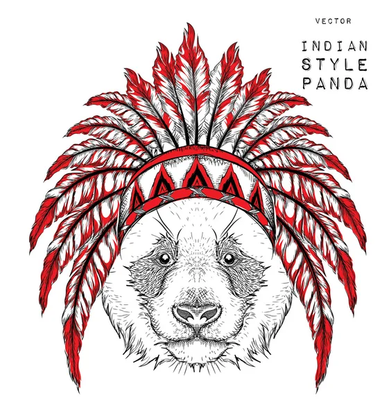 Panda v indické plotice. Indické peří čelenku orla. Ruky kreslit vektorové ilustrace — Stockový vektor