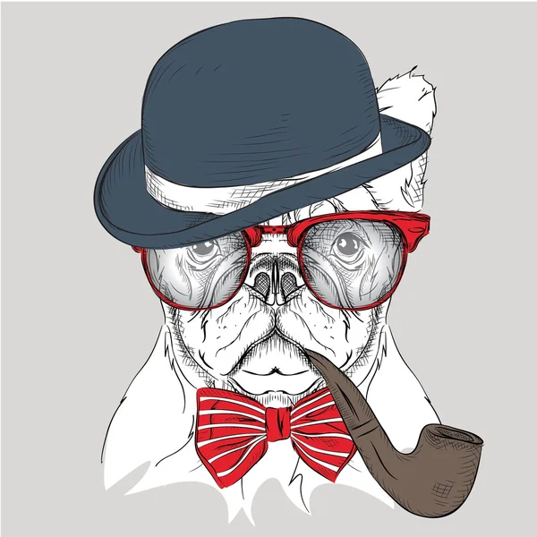 Immagine Bulldog ritratto nel cappello, cravatta e bicchieri con pipa di tabacco. Illustrazione vettoriale . — Vettoriale Stock