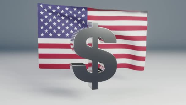 3D美元符号在国旗前飘扬的动画 — 图库视频影像