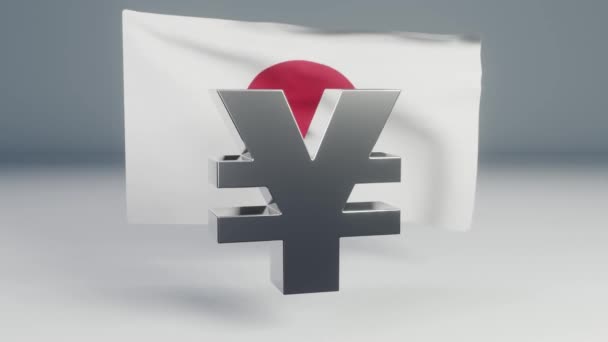 Símbolo Yen Japonés Frente Bandera Nacional Animación Aleteo Plata — Vídeo de stock