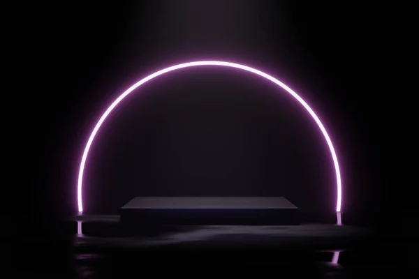 Blank luxury black gradient background with circle pink neon light and product display platform. Empty studio with rectangle podium pedestal and neon backlight on a black backdrop. 3D rendering