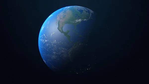 Realistic planet Earth with clouds in space. Earth globe with day and night hemisphere on the background of the stars. View from space at America. 3D illustration