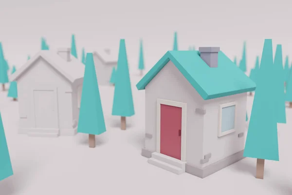 Мінімалістичні Прості Маленькі Милі Будинки Ізольовані Білому Тлі Деревами Концепція — стокове фото
