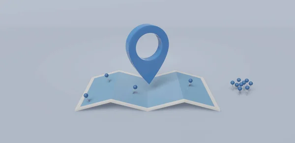 Search concept with simple locator mark of map and location pin or navigation map pointer symbol on blue background. Route planner, milestone path concept. 3D render